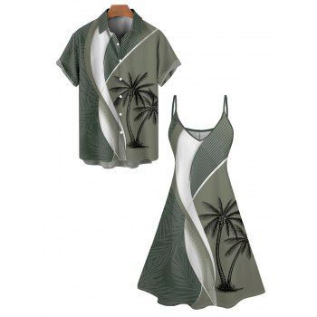 Colorblock Coconut Tree Leaf Print Spaghetti Strap Vacation Dress And Roll Up Sleeve Shirt Matching Outfit
