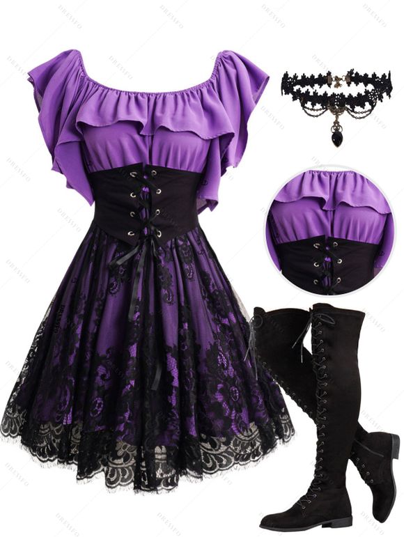 Gothic Mesh Overlay Ruffles Lace-Up Off the Shoulder Mini Dress And Hollow Out Heart Pendant Choker Over The Knee Boots Outfit - Pourpre S | US 4