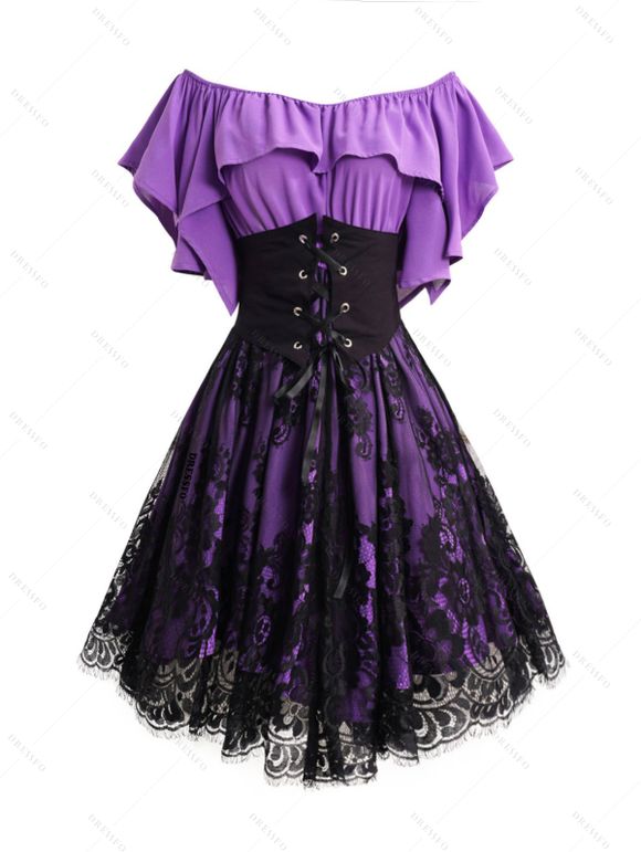 Gothic Mesh Overlay Ruffles Lace-Up Off the Shoulder Mini Dress And Hollow Out Heart Pendant Choker Over The Knee Boots Outfit - Pourpre S | US 4