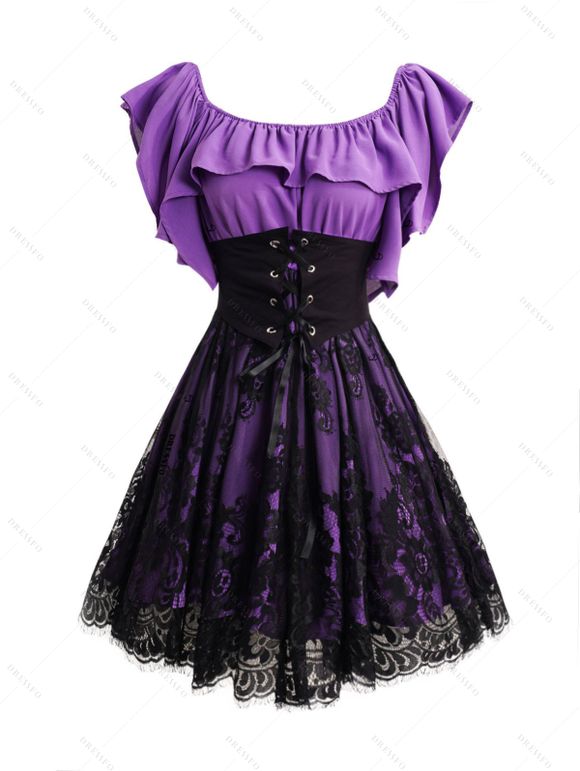 Gothic Mesh Overlay Ruffles Lace-Up Off the Shoulder Mini Dress And Hollow Out Heart Pendant Choker Over The Knee Boots Outfit - Pourpre S | US 4