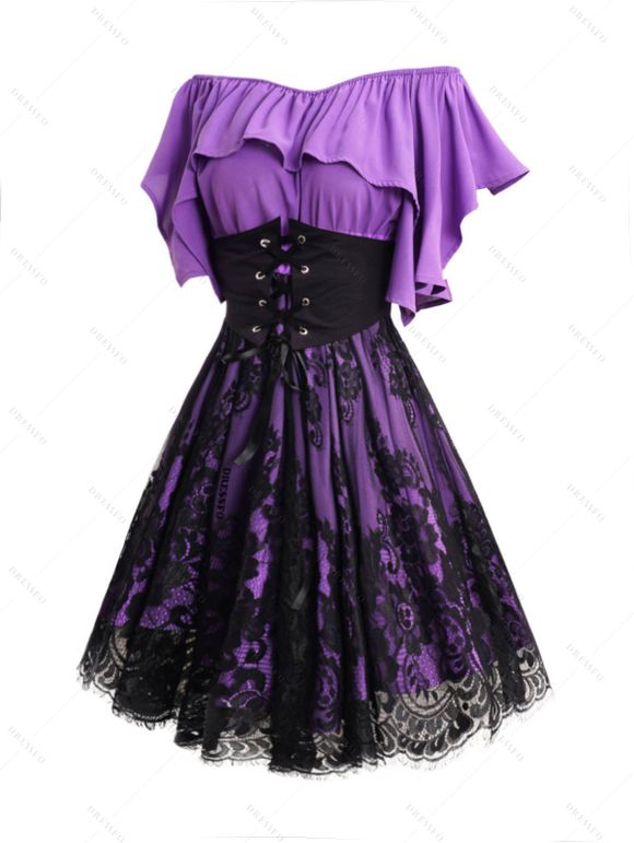 Gothic Mesh Overlay Ruffles Lace-Up Off the Shoulder Mini Dress And Hollow Out Heart Pendant Choker Over The Knee Boots Outfit - Pourpre S | US 4