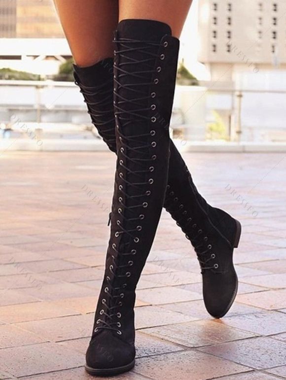 Gothic Mesh Overlay Ruffles Lace-Up Off the Shoulder Mini Dress And Hollow Out Heart Pendant Choker Over The Knee Boots Outfit - Pourpre S | US 4