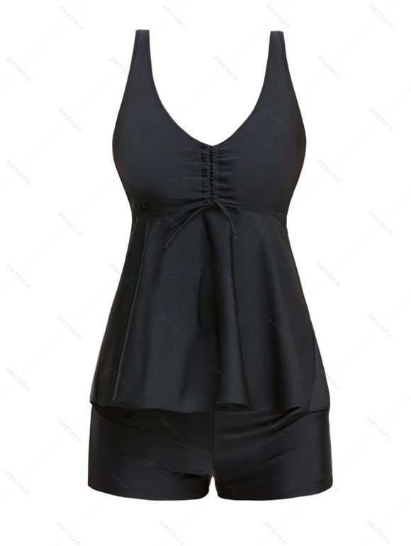 Maillot de Bain Tankini Superposé en Couleur Unie à Col V - Noir XXL | US 12