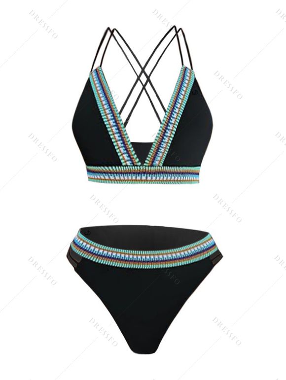 Maillot de Bain Bikini Découpé Rayé Imprimé à Col Plongeant Deux Pièces - Noir XL | US 10