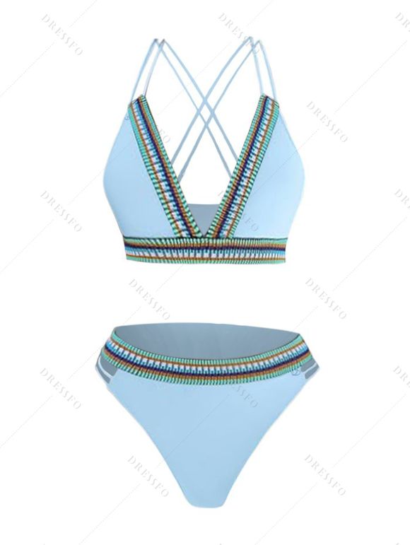 Maillot de Bain Bikini Découpé Rayé Imprimé à Col Plongeant Deux Pièces - Bleu clair XL | US 10