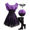 Gothic Mesh Overlay Ruffles Lace-Up Off the Shoulder Mini Dress And Hollow Out Heart Pendant Choker Over The Knee Boots Outfit - Pourpre S | US 4