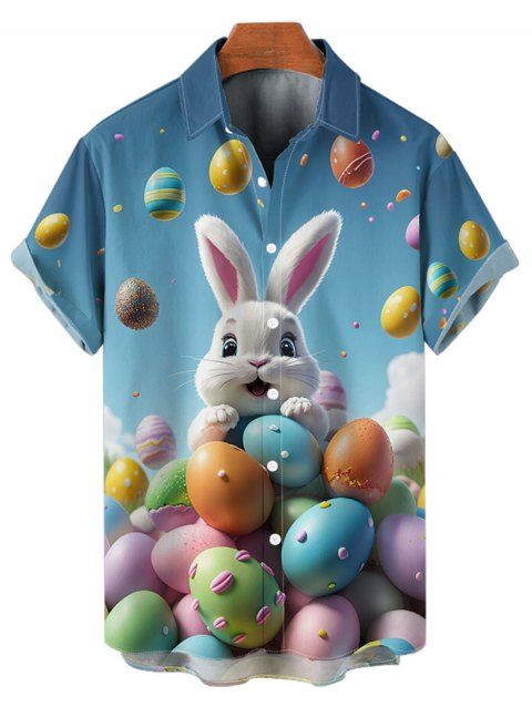 Chemise Boutonnée Lapin Coloré Imprimé à Manches Courtes de Pâques