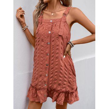 Solid Color Flounce Hem Textured Mini Dress Button Up Buckle Strap Sleeveless Dress 
