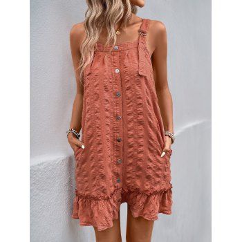 Solid Color Flounce Hem Textured Mini Dress Button Up Buckle Strap Sleeveless Dress 