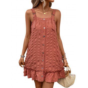Solid Color Flounce Hem Textured Mini Dress Button Up Buckle Strap Sleeveless Dress 