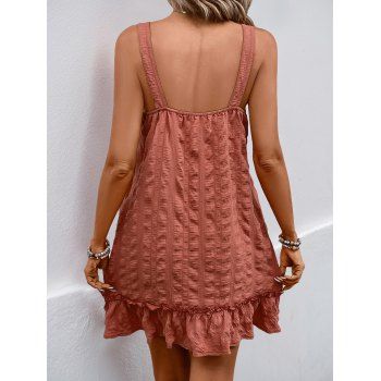 Solid Color Flounce Hem Textured Mini Dress Button Up Buckle Strap Sleeveless Dress 