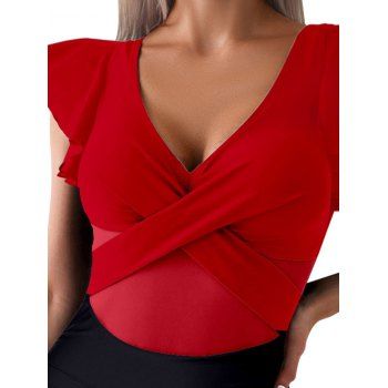 Flutter Sleeve Crossover Sheer Mesh Plunging Neck One-piece Swimsuit 