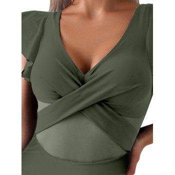 Flutter Sleeve Crossover Sheer Mesh Plunging Neck One-piece Swimsuit 
