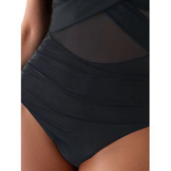 Flutter Sleeve Crossover Sheer Mesh Plunging Neck One-piece Swimsuit 