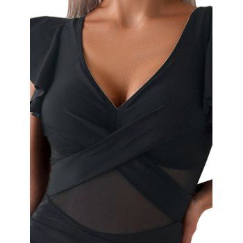 Flutter Sleeve Crossover Sheer Mesh Plunging Neck One-piece Swimsuit 