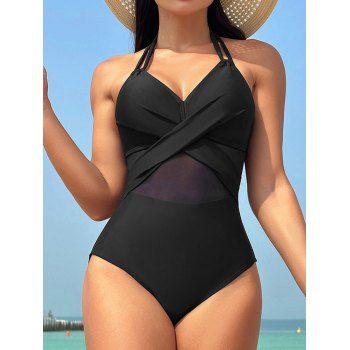 Sheer Mesh Pane Crossover Plunge Halter One-piece Swimsuit