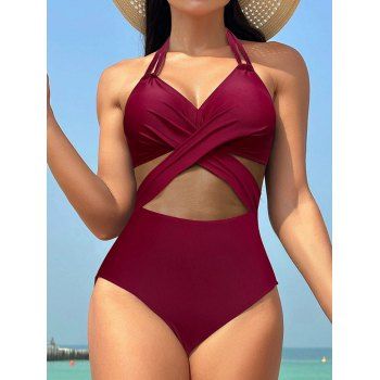 Sheer Mesh Pane Crossover Plunge Halter One-piece Swimsuit