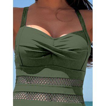 Hollow Out Mesh Crossover Ruched Solid Color One-piece Swimsuit 