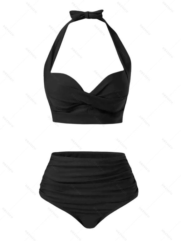 Maillot de Bain Bikini Ajustable Noué Tordu en Couleur Unie à Taille Haute Deux Pièces - Noir XL | US 10