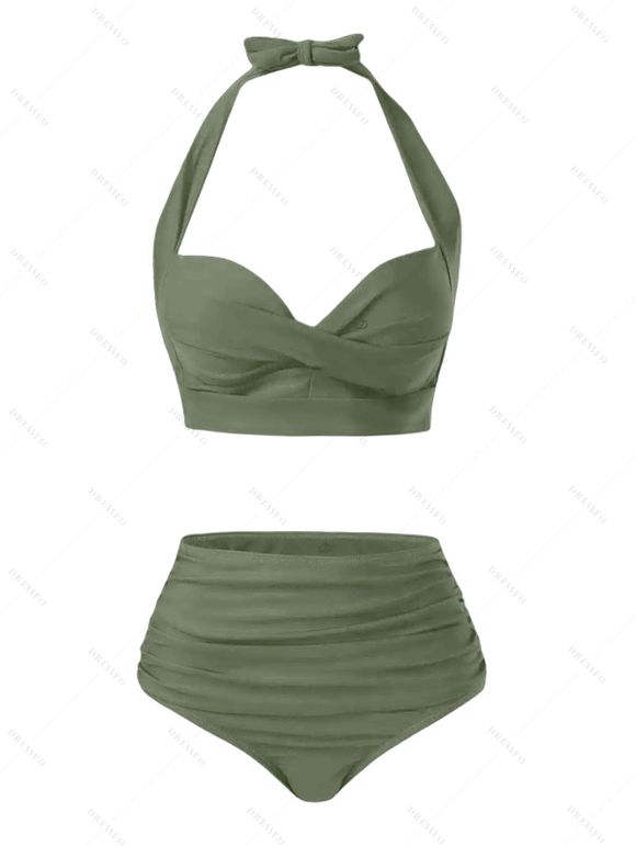 Maillot de Bain Bikini Ajustable Noué Tordu en Couleur Unie à Taille Haute Deux Pièces - Vert clair XL | US 10