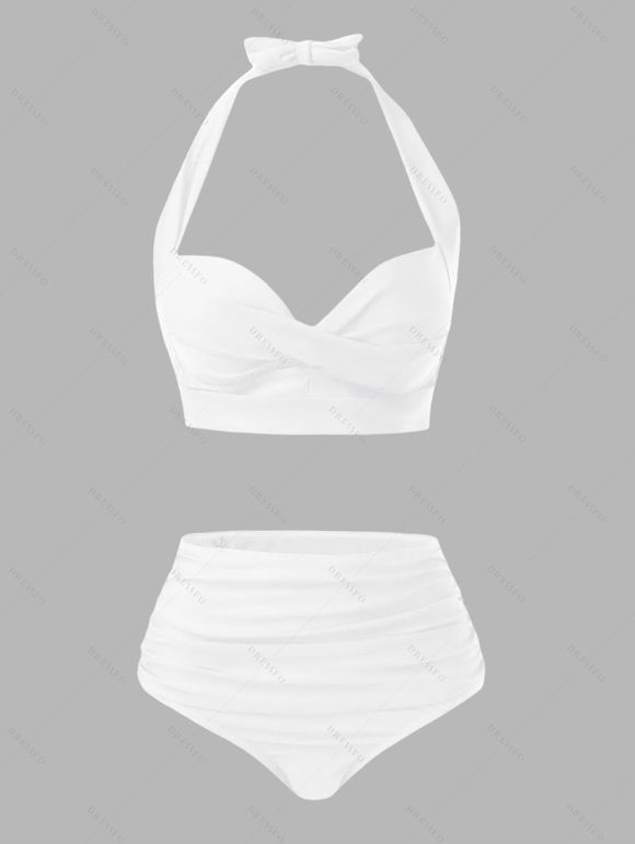 Maillot de Bain Bikini Ajustable Noué Tordu en Couleur Unie à Taille Haute Deux Pièces - Blanc XL | US 10