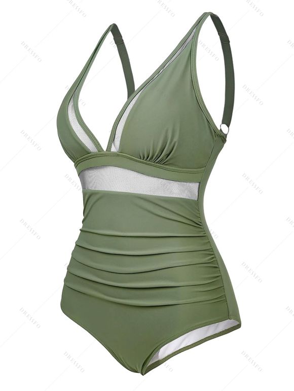 Maillot de Bain Panneau en Maille en Couleur Unie à Col Plongeant Une-Pièce - Vert clair XXL | US 12