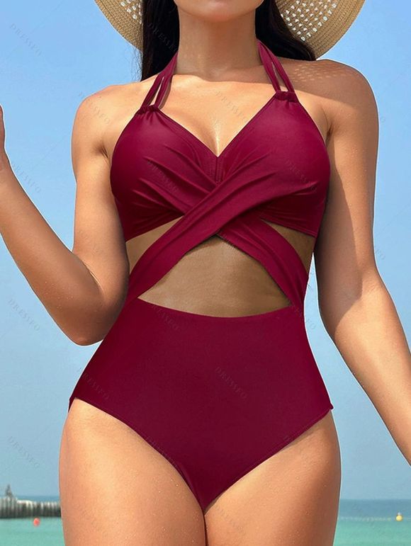 Maillot de Bain Croisé Plongeant en Maille Transparente Une-Pièce à Col Halter - Rouge foncé L | US 8