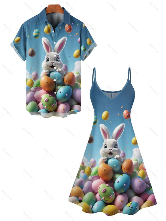 Easter Rabbit Egg Print V Neck A Line Mini Dress And Short Sleeve Shirt Matching Outfit - Bleu clair S | US 4