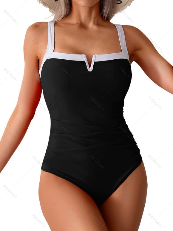 Maillot de Bain à Bretelle Réglable Matelassé en Couleur Contrastée Une-Pièce - Noir XXL | US 12