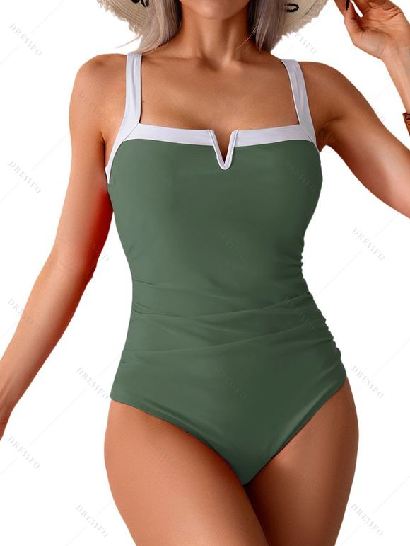 Maillot de Bain à Bretelle Réglable Matelassé en Couleur Contrastée Une-Pièce - Vert profond XXL | US 12