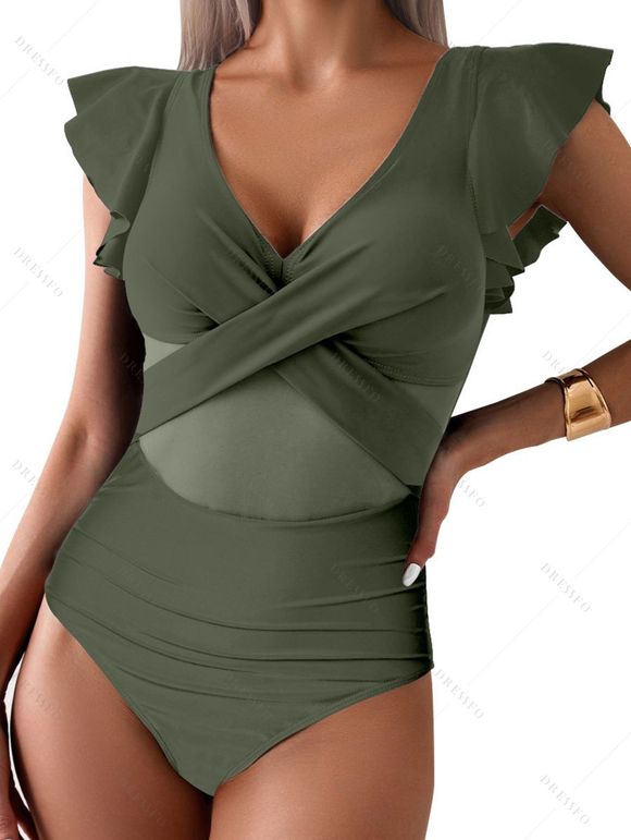 Maillot de Bain Croisé en Maille Transparente Manches Bouffantes à Col Plongeant Une-Pièce - Vert clair XXL | US 12