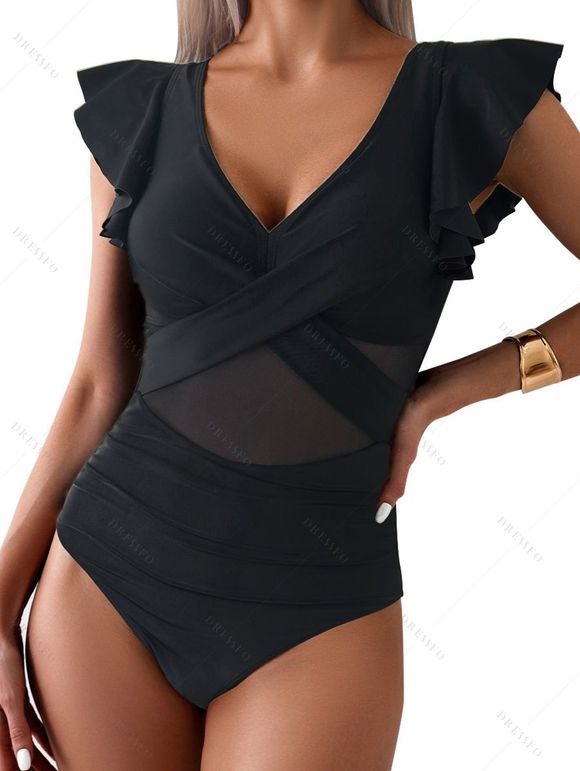 Maillot de Bain Croisé en Maille Transparente Manches Bouffantes à Col Plongeant Une-Pièce - Noir XXL | US 12