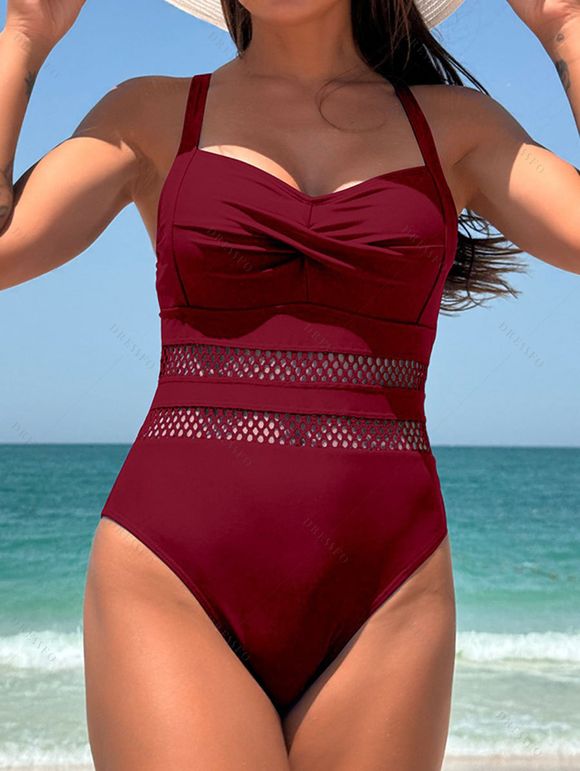 Maillot de Bain Evidé Croisé en Couleur Unie en Maille à Volants Une-Pièce - Rouge foncé XL | US 10