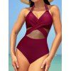 Sheer Mesh Pane Crossover Plunge Halter One-piece Swimsuit - DEEP RED XL | US 10