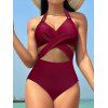 Sheer Mesh Pane Crossover Plunge Halter One-piece Swimsuit - DEEP RED XL | US 10