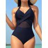 Sheer Mesh Pane Crossover Plunge Halter One-piece Swimsuit - DEEP BLUE M | US 6