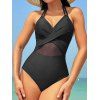Sheer Mesh Pane Crossover Plunge Halter One-piece Swimsuit - BLACK L | US 8
