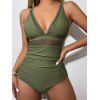 Maillot de Bain Panneau en Maille en Couleur Unie à Col Plongeant Une-Pièce - Vert clair XXL | US 12