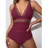 Maillot de Bain Panneau en Maille en Couleur Unie à Col Plongeant Une-Pièce - Rouge foncé M | US 6