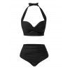 Maillot de Bain Bikini Ajustable Noué Tordu en Couleur Unie à Taille Haute Deux Pièces - Noir S | US 4