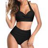 Maillot de Bain Bikini Ajustable Noué Tordu en Couleur Unie à Taille Haute Deux Pièces - Noir S | US 4