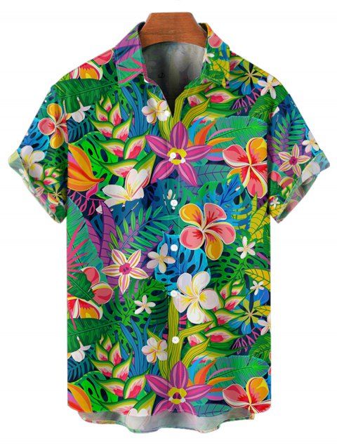 Chemise de Vacances Hawaïen Fleur et Feuille Tropicale Imprimées à Manches Courtes