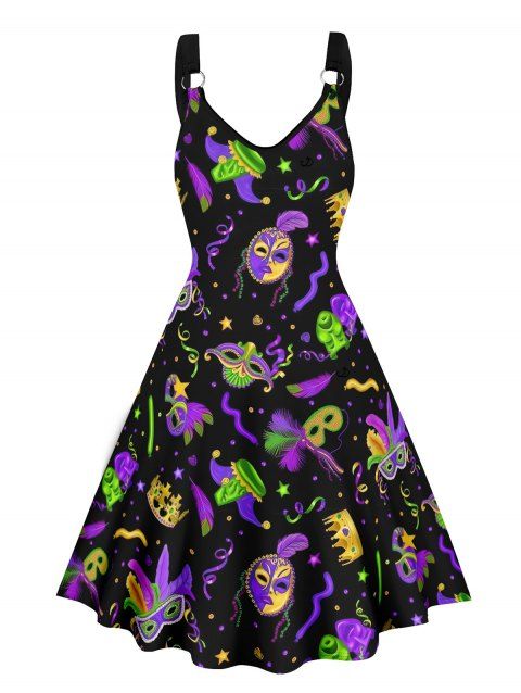 Mini Robe Masque de Carnaval Couronne O Imprimée à Col V