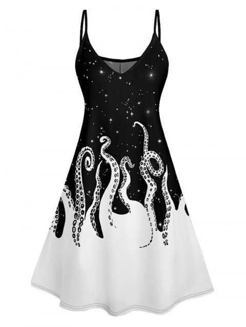 Mini Robe à Bretelle Fine Pieuvre Galaxie Contrastée Imprimée à Col V