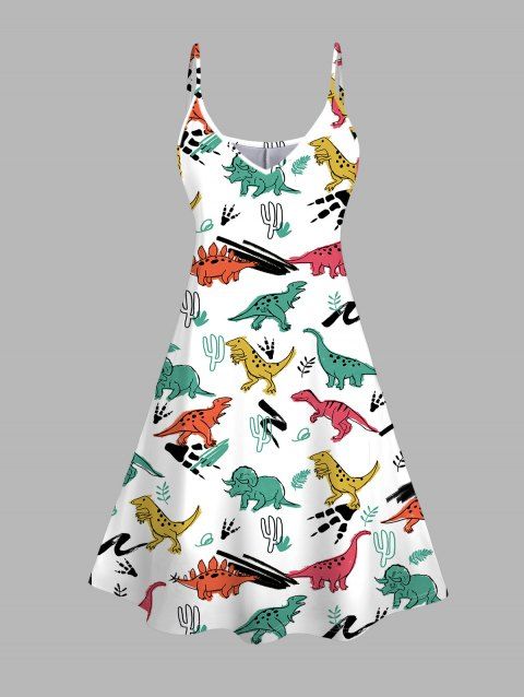 Cute Dinosaur Cactus Print Vacation V Neck Spaghetti Strap Mini A Line Dress