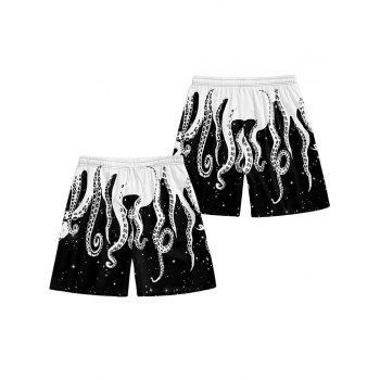 Contrast Galaxy Octopus Print Drawstring Beach Shorts
