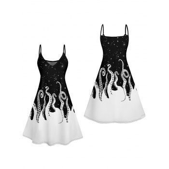 Contrast Octopus Galaxy Print V Neck Spaghetti Strap Mini Dress