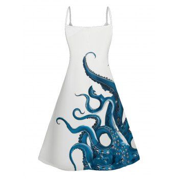 Contrast Octopus Print V Neck Spaghetti Strap Vacation Mini Dress 