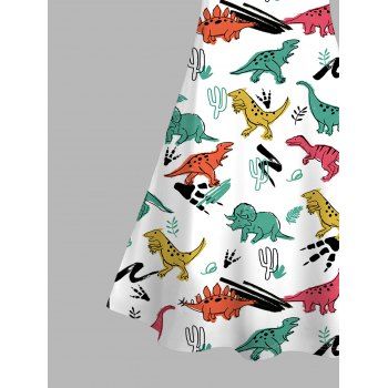 Cute Dinosaur Cactus Print Vacation V Neck Spaghetti Strap Mini A Line Dress