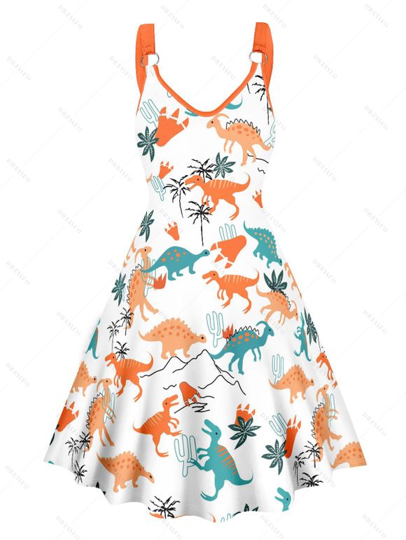 Mini Robe de Vacances Dinosaure et Palmier Imprimés Partout à Col V - Orange XXL | US 14